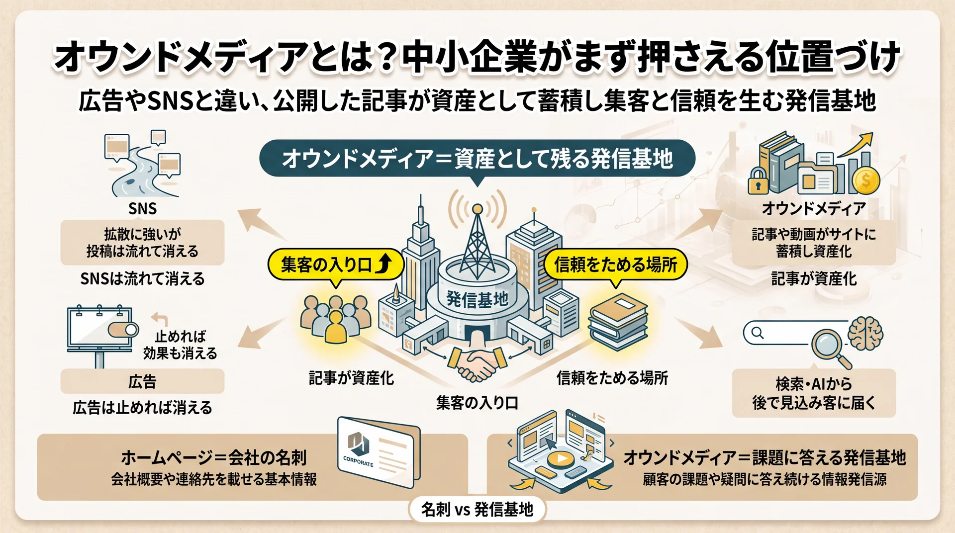 SNSは流れ広告は止めると消えるのに対し、オウンドメディアは記事が資産として蓄積し集客と信頼を生む位置づけを整理した図解