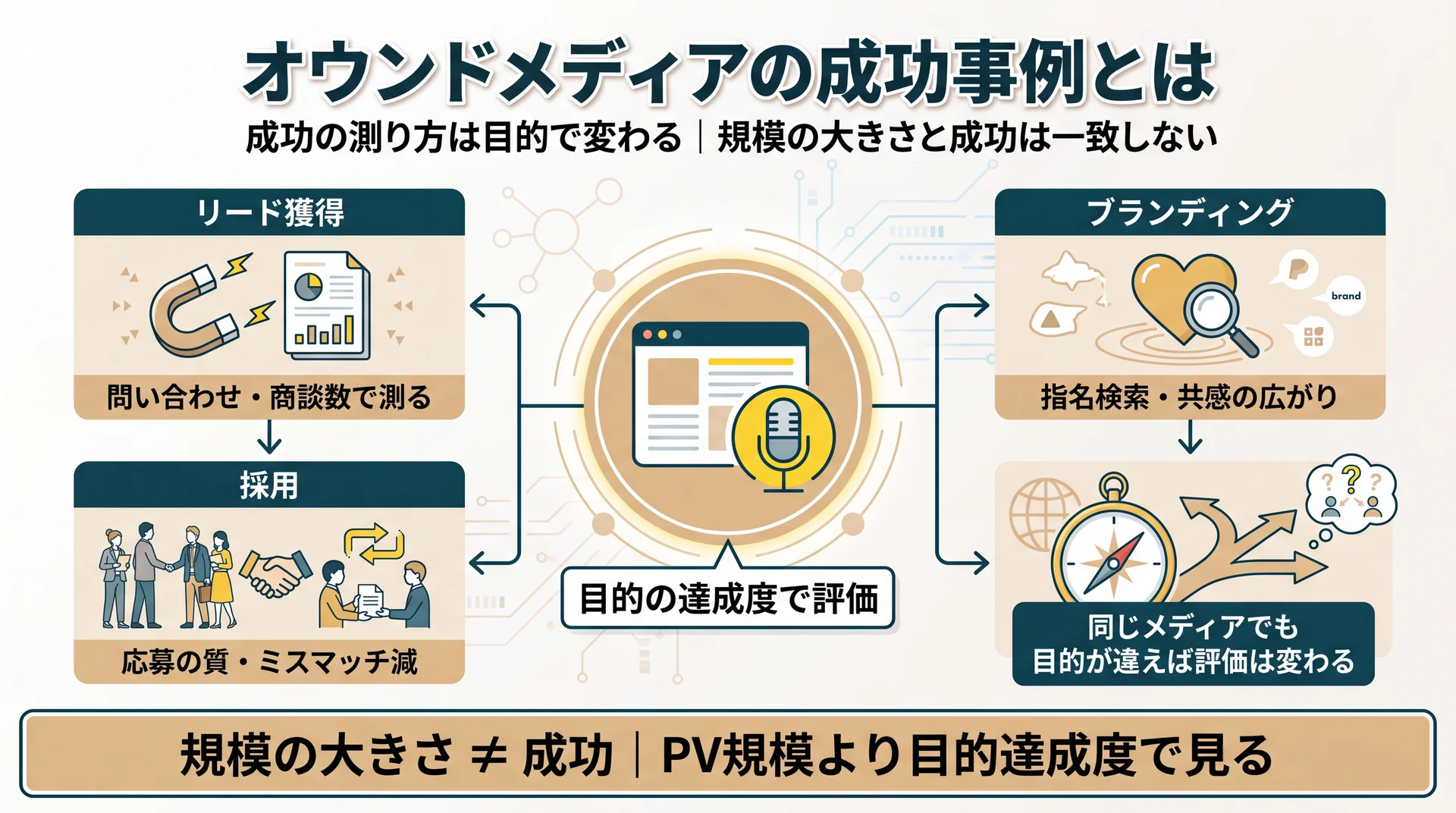 成功の評価軸を目的別に整理し、リード獲得・採用・ブランディングで見る指標が異なることを示した概念図