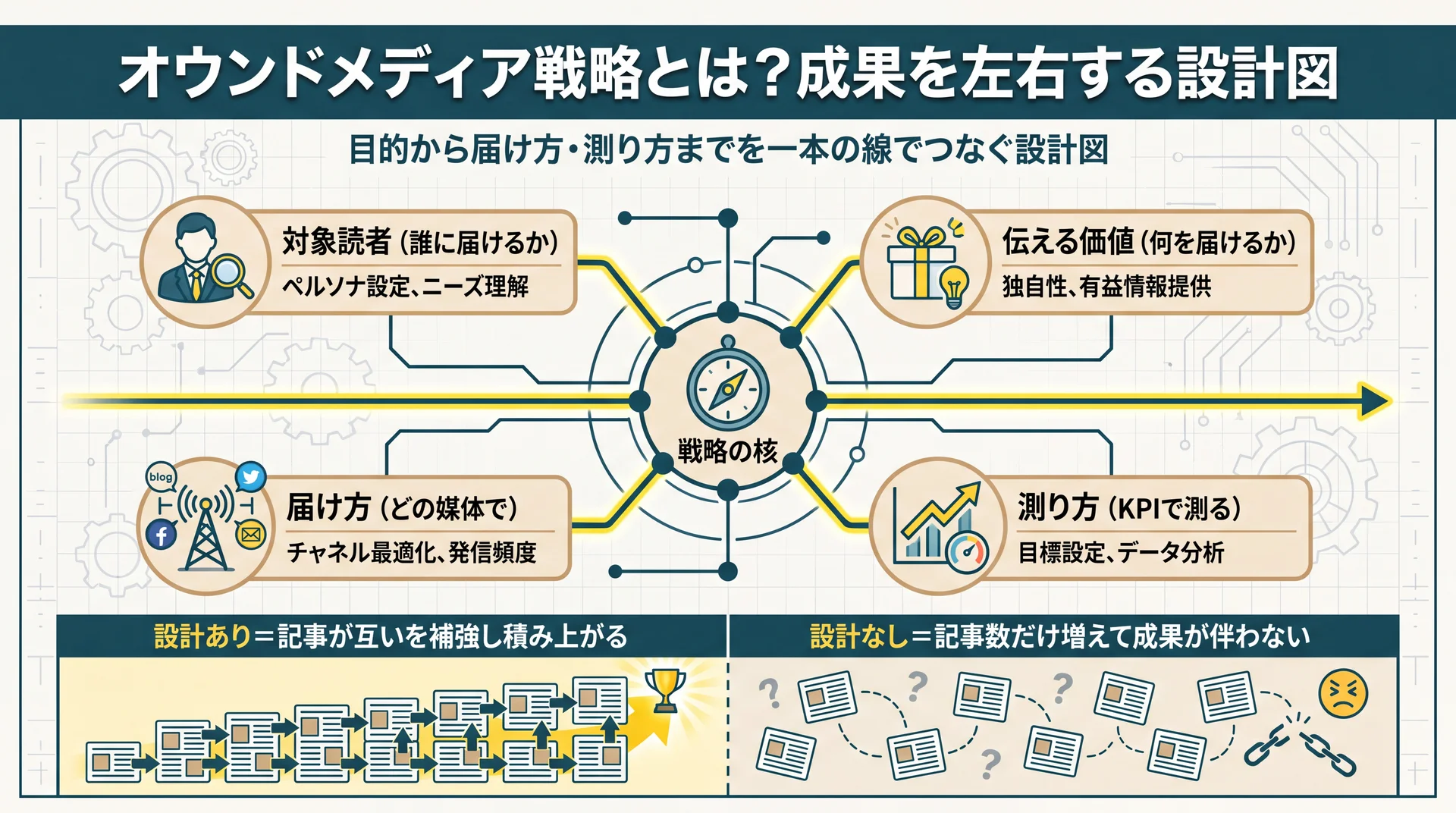 対象読者・伝える価値・届け方・測り方の4要素を一本の線でつなぐ設計図として戦略を示した図解