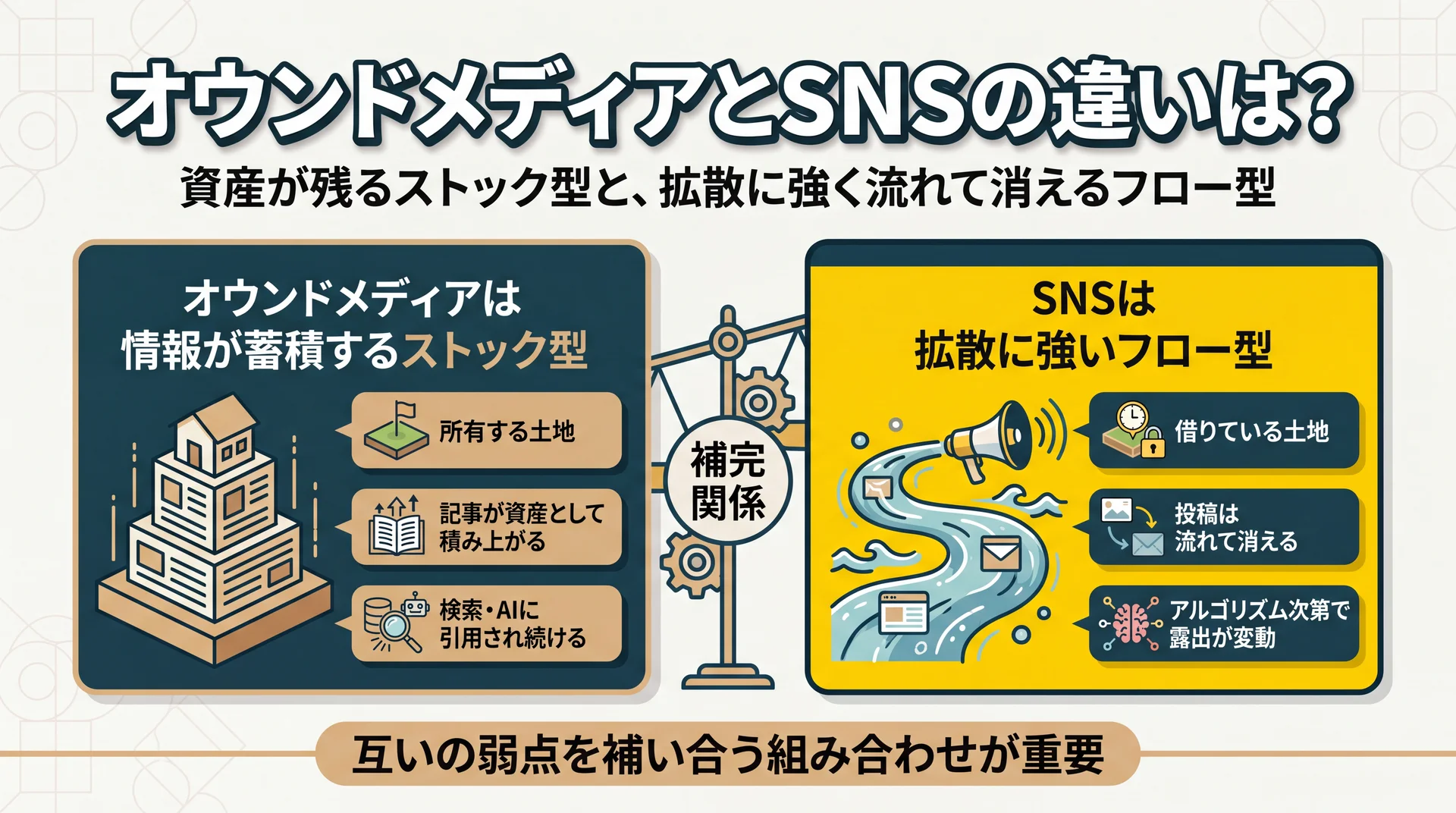 所有する土地に資産が積み上がるストック型と、借りた土地で流れて消えるフロー型として両者の役割の違いを対比した図解