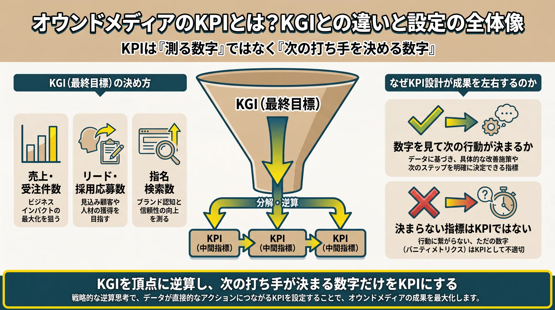 KGIを頂点に据えKPIへ逆算する構造と、次の打ち手が決まるかでKPIを判定する考え方を示した図解