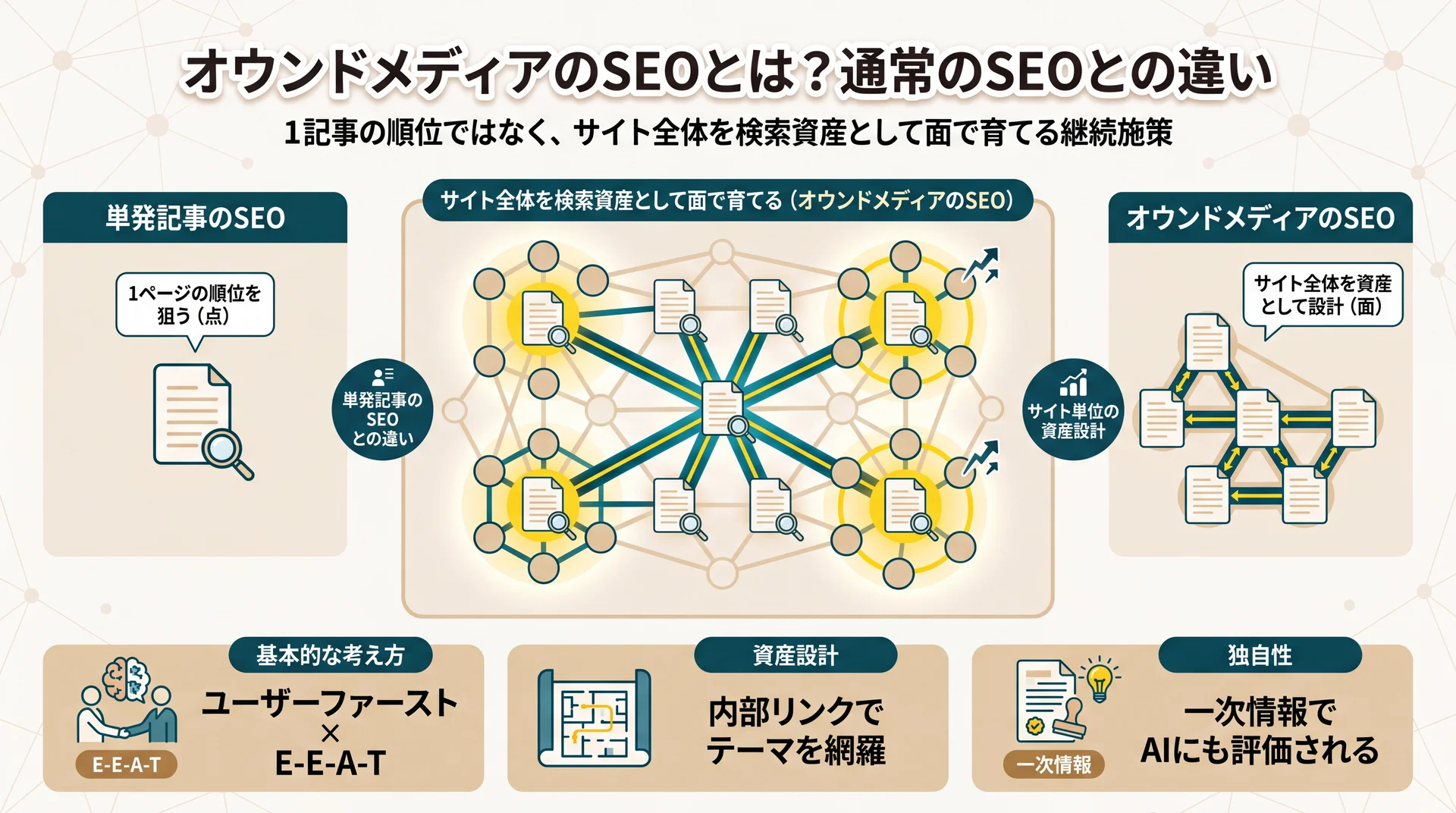 単発記事SEO＝点とオウンドメディアSEO＝面を対比し、内部リンクで資産化する全体像を示した概念図