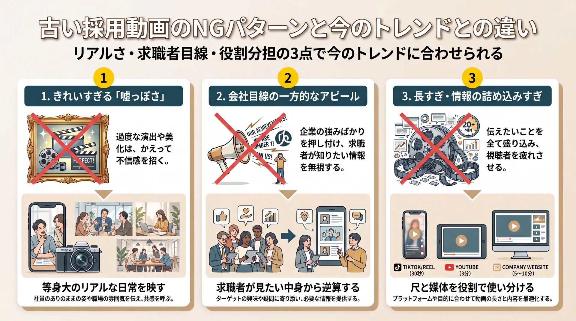 古い採用動画の3つのNGと今のトレンド対応(リアルさ・求職者目線・役割分担)を対応づけた図解